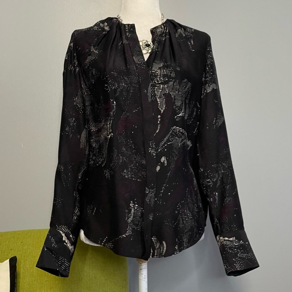 Hugo Boss Black Patterned Silk Long Sleeve Blouse Top 2